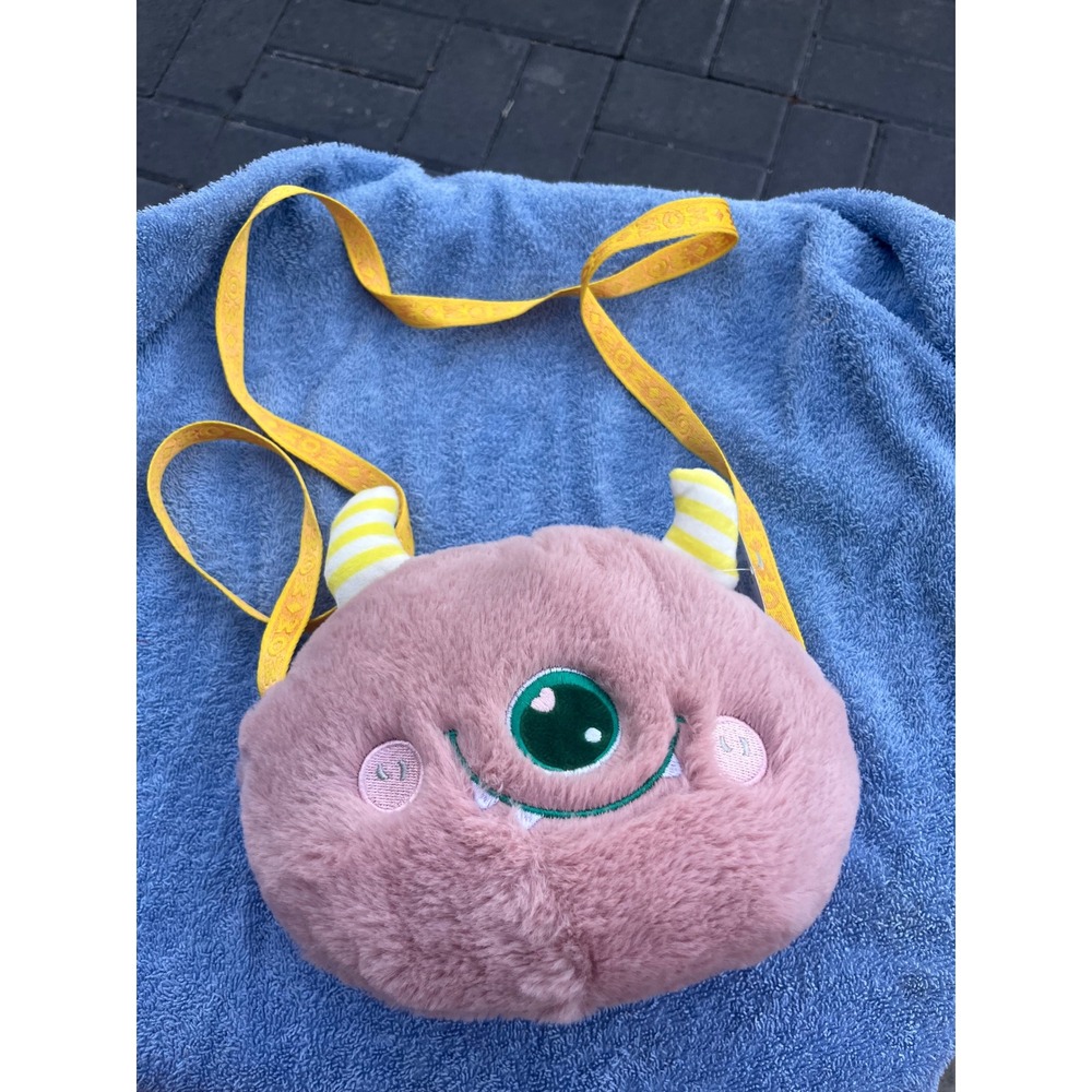 Pink Plush One Eyed Monster Crossbody Bag Faux Fur Striped Horns Yellow Strap
